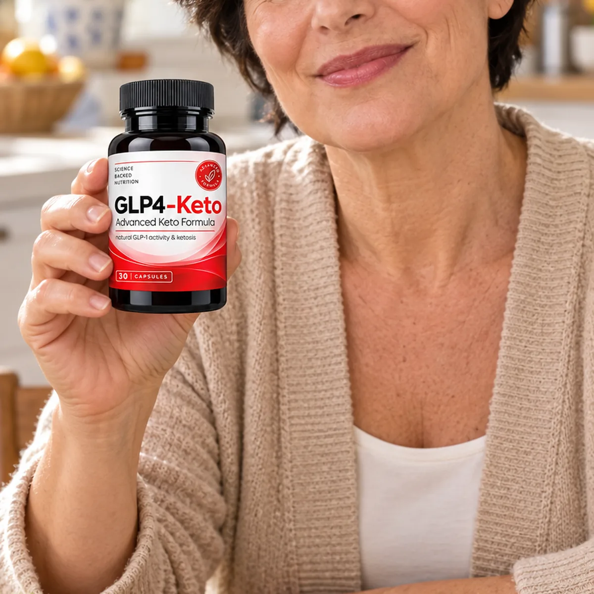 Donna con un flacone di GLP4-Keto a colazione